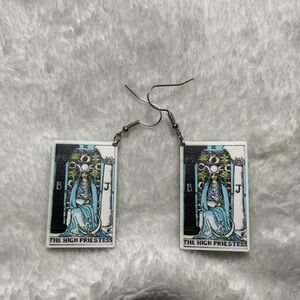 Wood Tarot Card High Priestess Rectangular Drop Earrings